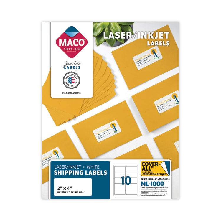 MACO® Cover-All Opaque Laser/Inkjet Shipping Labels, Inkjet/Laser Printers, 2 x 4, White, 10 Labels/Sheet, 100 Sheets/Box (MACML1000) Box of 1000