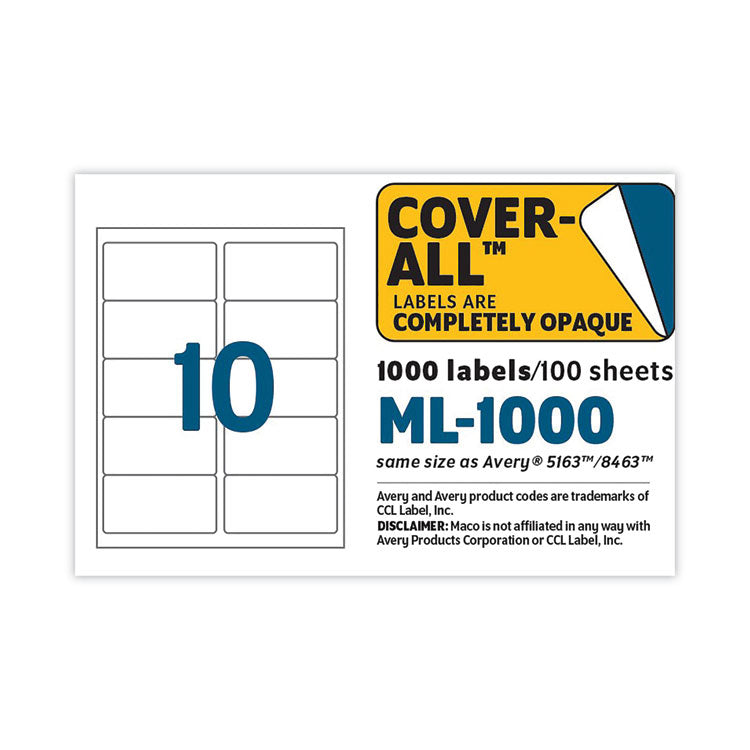 MACO® Cover-All Opaque Laser/Inkjet Shipping Labels, Inkjet/Laser Printers, 2 x 4, White, 10 Labels/Sheet, 100 Sheets/Box (MACML1000) Box of 1000