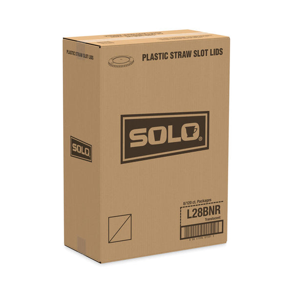 SOLO® Polystyrene Plastic Flat Straw-Slot Cold Cup Lids, Fits 28 oz Cups, Translucent, 960/Carton (SCCL28BNR)