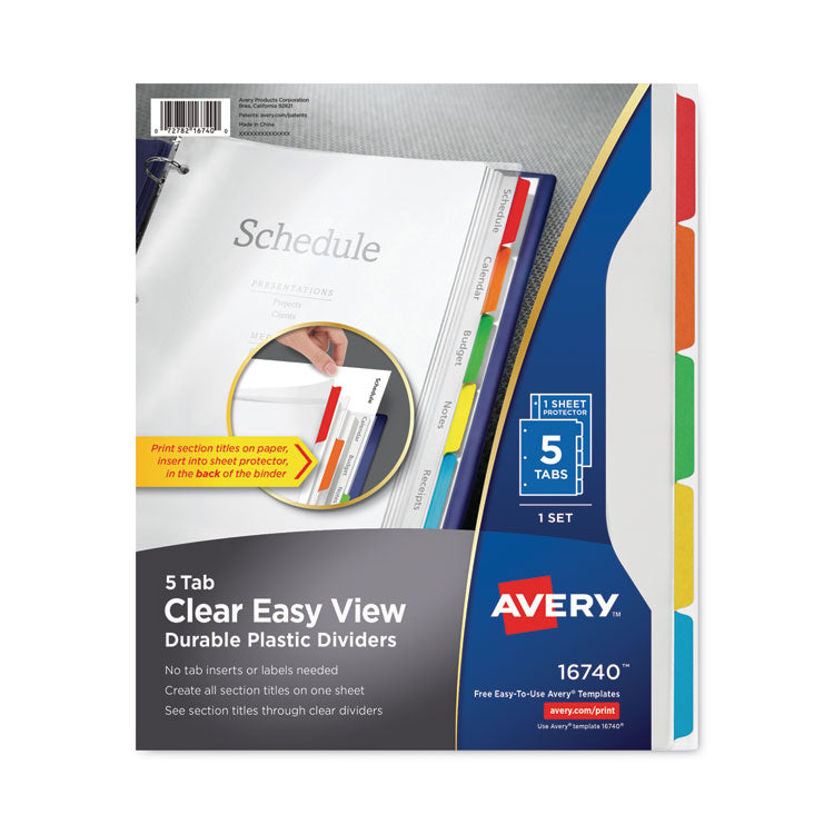 Avery® Clear Easy View Plastic Dividers with Multicolored Tabs and Sheet Protector, 5-Tab, 11 x 8.5, Clear, 1 Set (AVE16740)