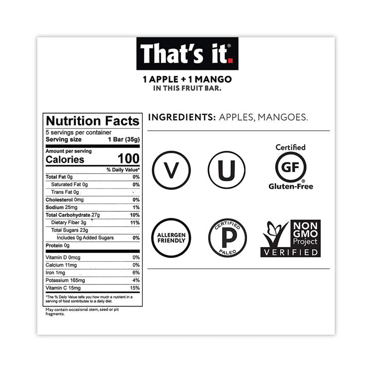 That’s it.® Nutrition Bar, Gluten Free Apple and Mango Fruit, 1.2 oz Bar, 12/Carton, Ships in 1-3 Business Days (GRR30700257) Each