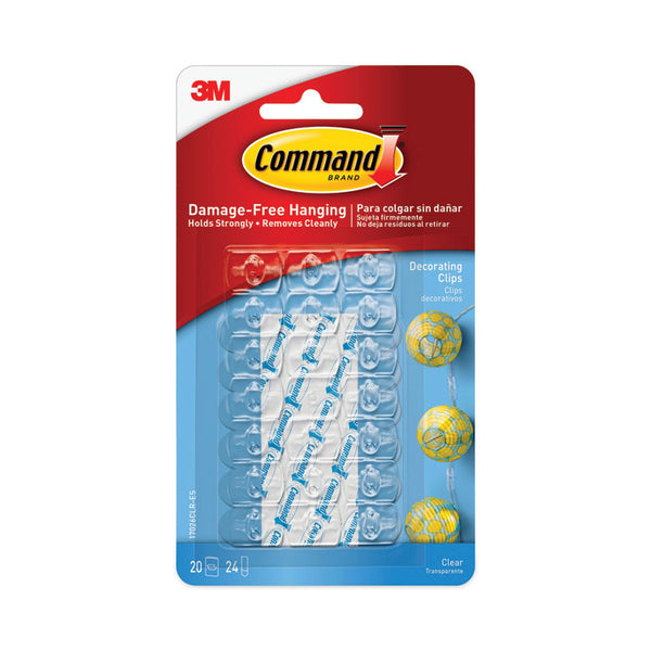 Command™ Clear Hooks and Strips, Decorating Clips, Plastic, 0.1 lb Capacity, 20 Clips and 24 Strips/Pack (MMM17026CLRES)