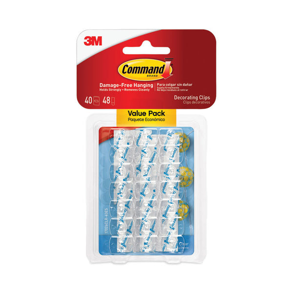 Command™ Clear Hooks and Strips, Decorating Clips, Plastic, 0.15 lb Capacity, 40 Clips and 48 Strips/Pack (MMM17026CLR40ES)