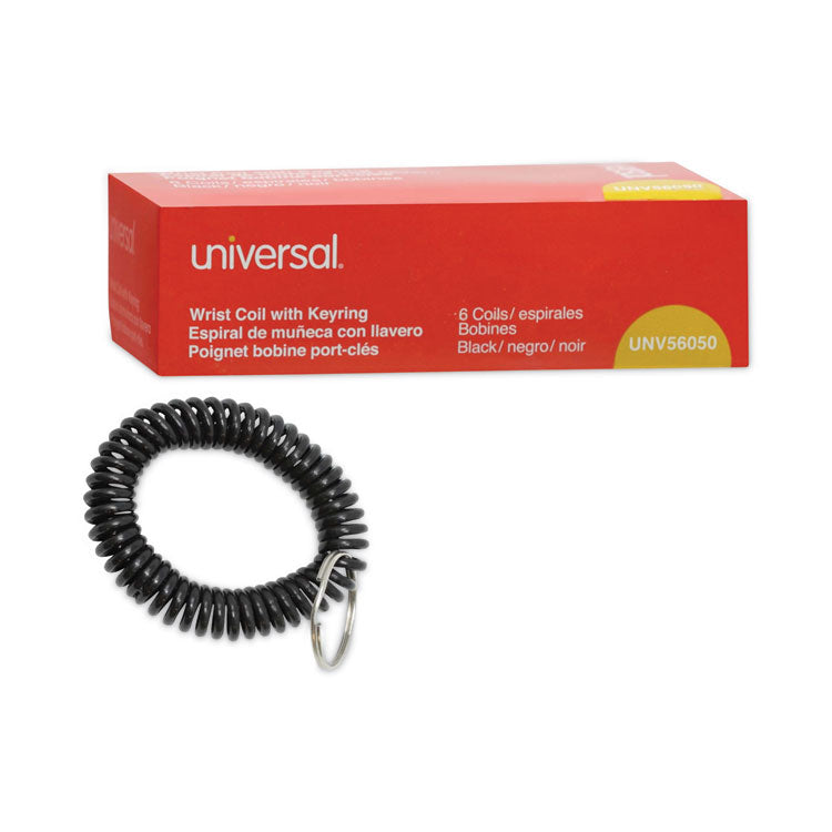 Universal® Wrist Coil Plus Key Ring, Plastic, Black, 6/Pack (UNV56050)