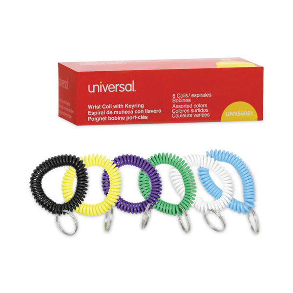 Universal® Wrist Coil Plus Key Ring, Plastic, Assorted Colors, 6/Pack (UNV56051)