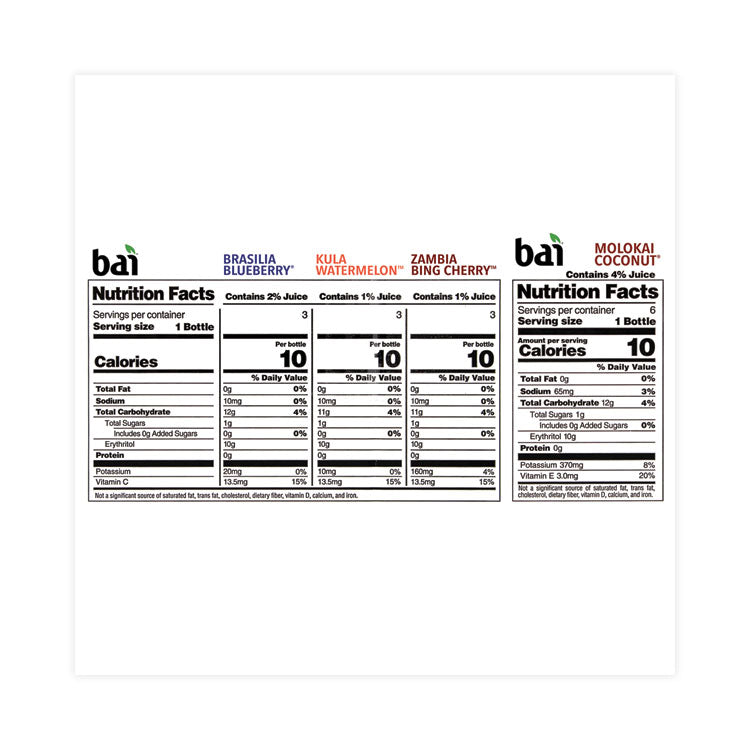 Bai Antioxidant Infused Beverage, Variety Pack, 18 oz Bottle, 15/Carton, Ships in 1-3 Business Days (GRR22000656)