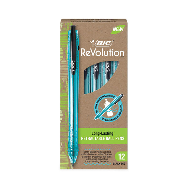 BIC® ReVolution Ocean Bound Ballpoint Pen, Retractable, Medium 1 mm, Black Ink, Translucent Blue Barrel, Dozen (BICBPRR11BK)