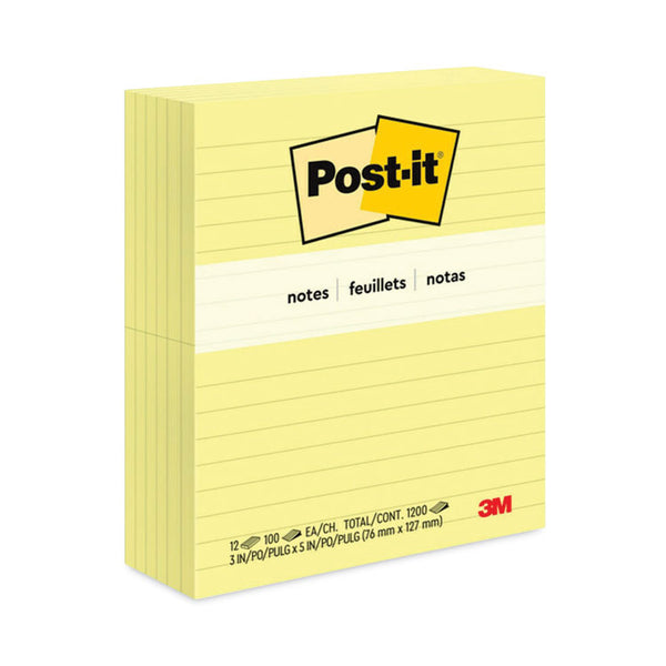 Post-it® Notes Original Pads in Canary Yellow, Note Ruled, 3" x 5", 100 Sheets/Pad, 12 Pads/Pack (MMM635YW)