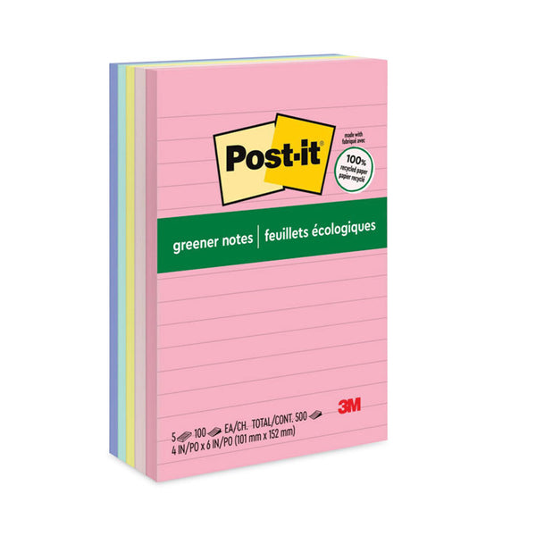 Post-it® Greener Notes Original Recycled Note Pads, Note Ruled, 4" x 6", Sweet Sprinkles Collection Colors, 100 Sheets/Pad, 5 Pads/Pack (MMM660RPA) Pack of 5