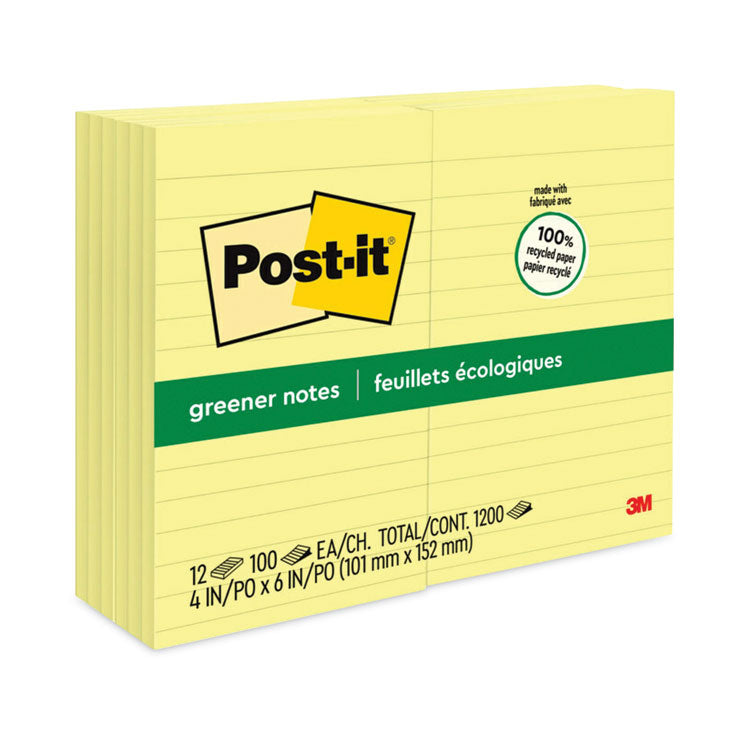 Post-it&reg; Original Recycled Note Pads, Note Ruled, 4" x 6", Canary Yellow, 100 Sheets/Pad, 12 Pads/Pack (MMM660RPYW) Pack of 12