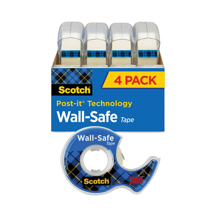 Scotch® Wall-Safe Tape with Dispenser, 1" Core, 0.75" x 54.17 ft, Clear, 4/Pack (MMM4183)
