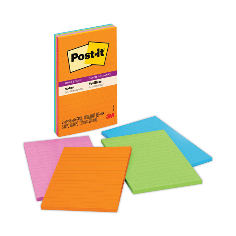 Post-it® Notes Super Sticky Pads in Energy Boost Collection Colors, Note Ruled, 5" x 8", 45 Sheets/Pad, 4 Pads/Pack (MMM5845SSUC)