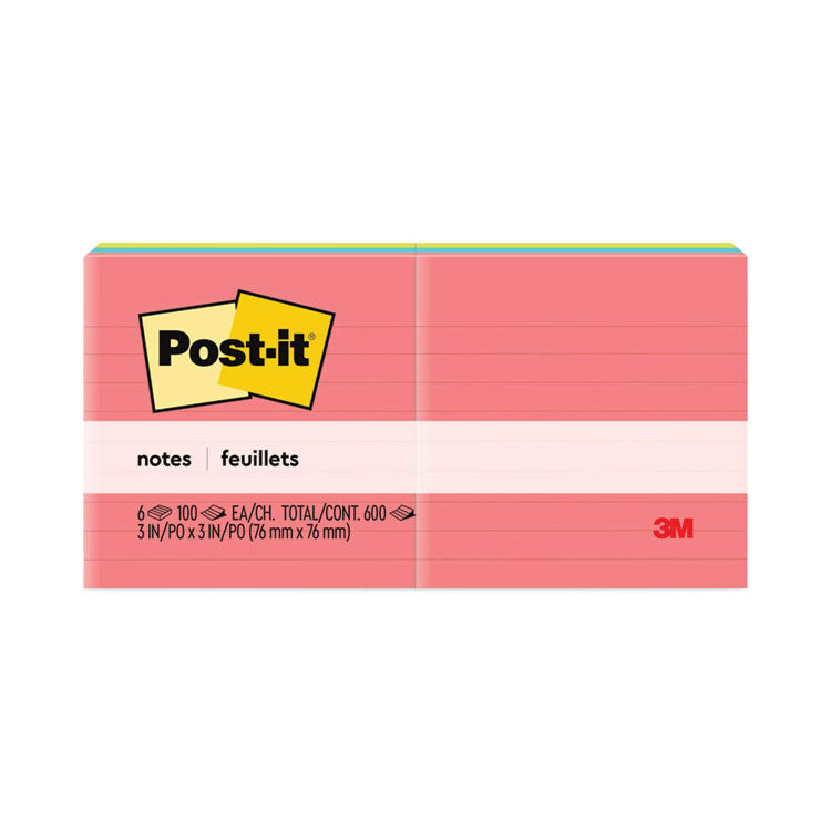 Post-it® Notes Original Pads in Poptimistic Collection Colors, Note Ruled, 3" x 3", 100 Sheets/Pad, 6 Pads/Pack (MMM6306AN)