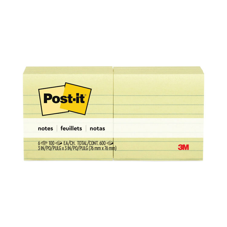 Post-it® Notes Original Pads in Canary Yellow, Note Ruled, 3" x 3", 100 Sheets/Pad, 6 Pads/Pack (MMM6306PK) Pack of 6