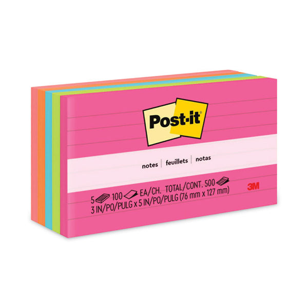 Post-it® Notes Original Pads in Poptimistic Collection Colors, Note Ruled, 3" x 5", 100 Sheets/Pad, 5 Pads/Pack (MMM6355AN)