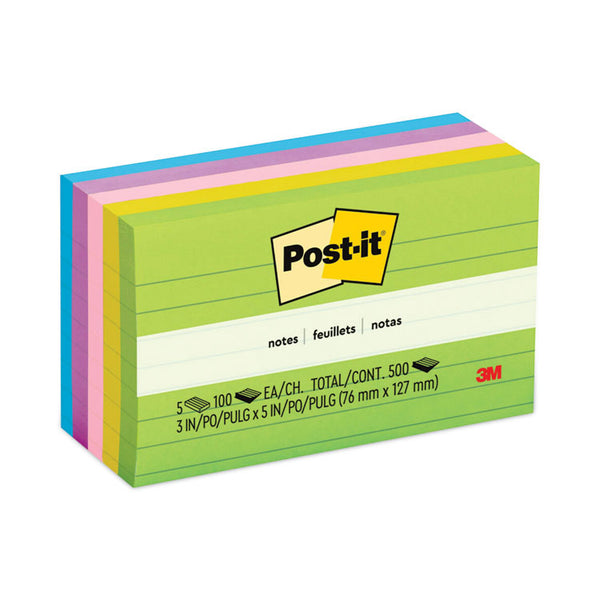 Post-it® Notes Original Pads in Floral Fantasy Collection Colors, Note Ruled, 3" x 5", 100 Sheets/Pad, 5 Pads/Pack (MMM6355AU)