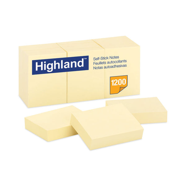 Highland™ Self-Stick Notes, 1.38" x 1.88", Yellow, 100 Sheets/Pad, 12 Pads/Pack (MMM6539YW)