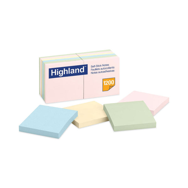 Highland™ Self-Stick Notes, 3" x 3", Assorted Pastel Colors, 100 Sheets/Pad, 12 Pads/Pack (MMM6549A)