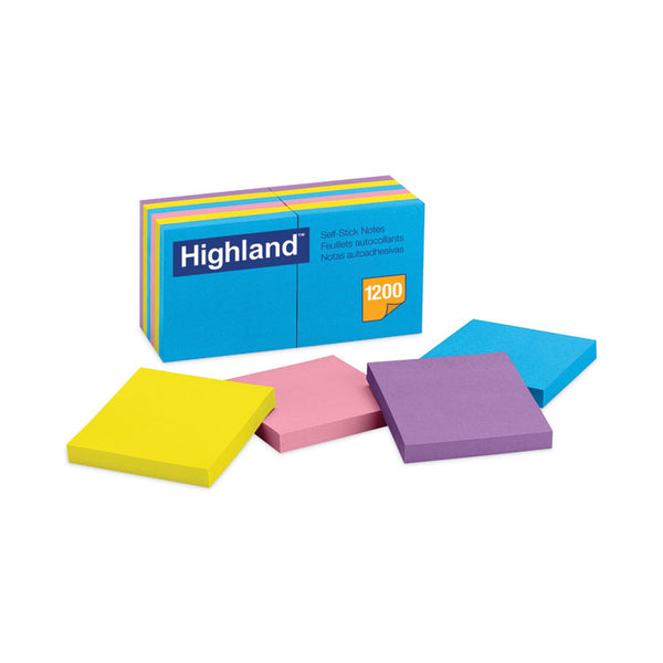 Highland™ Self-Stick Notes, 3" x 3", Assorted Bright Colors, 100 Sheets/Pad, 12 Pads/Pack (MMM6549B)