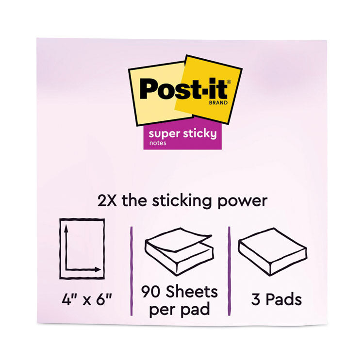 Post-it® Notes Super Sticky Pads in Playful Primary Collection Colors, Note Ruled, 4" x 6", 90 Sheets/Pad, 3 Pads/Pack (MMM6603SSAN) Pack of 3