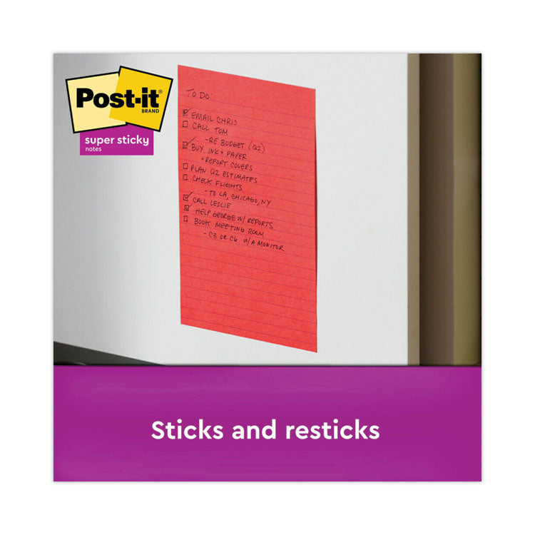 Post-it® Notes Super Sticky Pads in Playful Primary Collection Colors, Note Ruled, 4" x 6", 90 Sheets/Pad, 3 Pads/Pack (MMM6603SSAN) Pack of 3