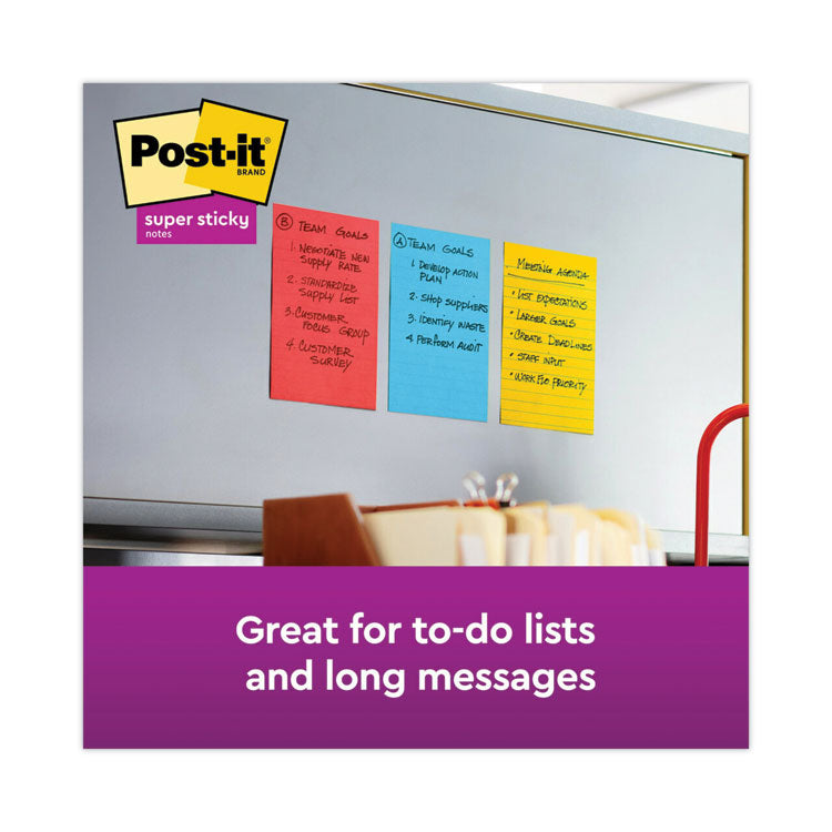 Post-it® Notes Super Sticky Pads in Playful Primary Collection Colors, Note Ruled, 4" x 6", 90 Sheets/Pad, 3 Pads/Pack (MMM6603SSAN) Pack of 3