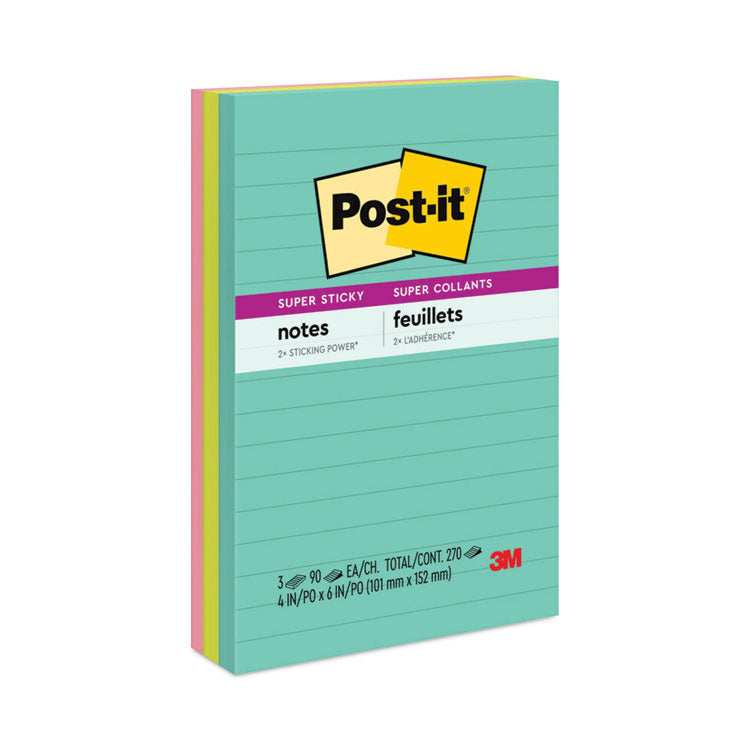 Post-it® Notes Super Sticky Pads in Supernova Neon Collection Colors, Note Ruled, 4" x 6", 90 Sheets/Pad, 3 Pads/Pack (MMM6603SSMIA) Pack of 3