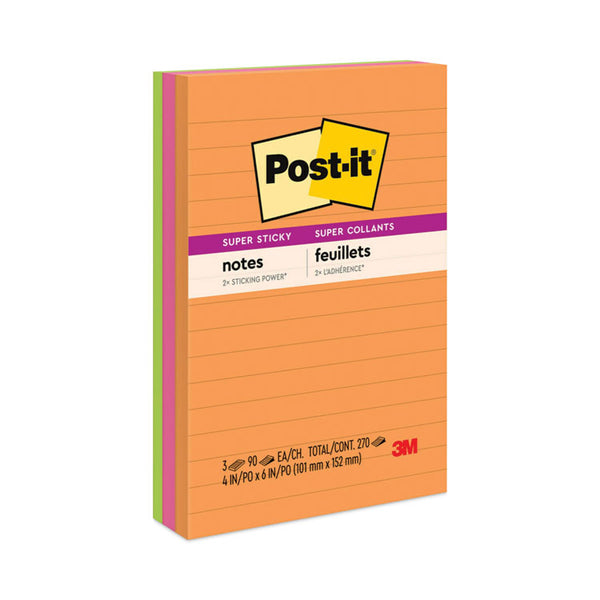 Post-it® Notes Super Sticky Pads in Energy Boost Collection Colors, Note Ruled, 4" x 6", 90 Sheets/Pad, 3 Pads/Pack (MMM6603SSUC) Pack of 3