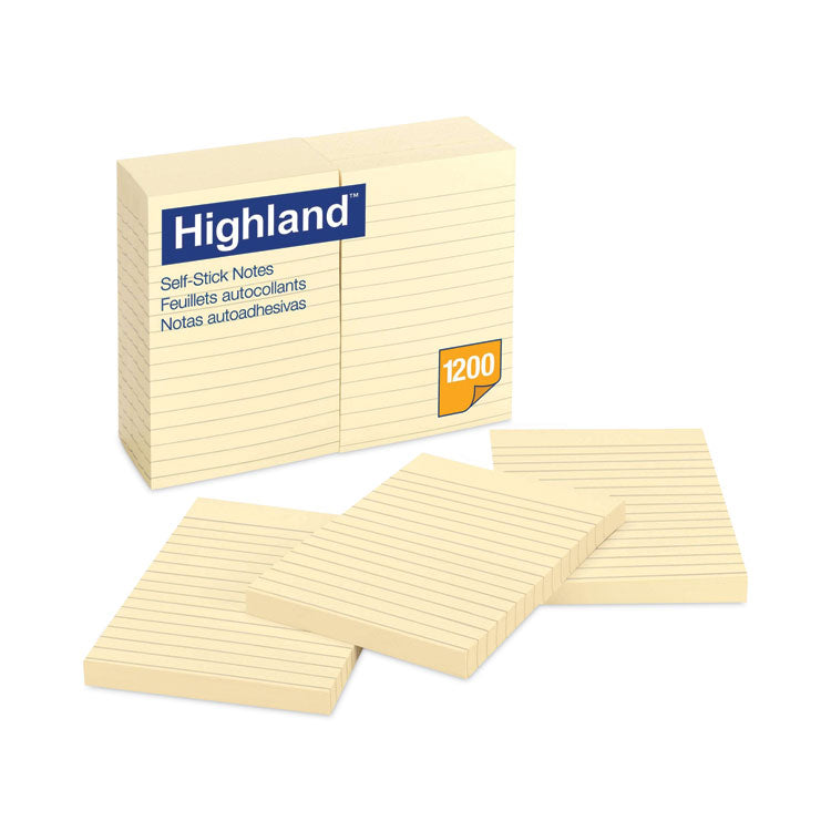 Highland™ Self-Stick Notes, Note Ruled, 4" x 6", Yellow, 100 Sheets/Pad, 12 Pads/Pack (MMM6609YW) Pack of 6