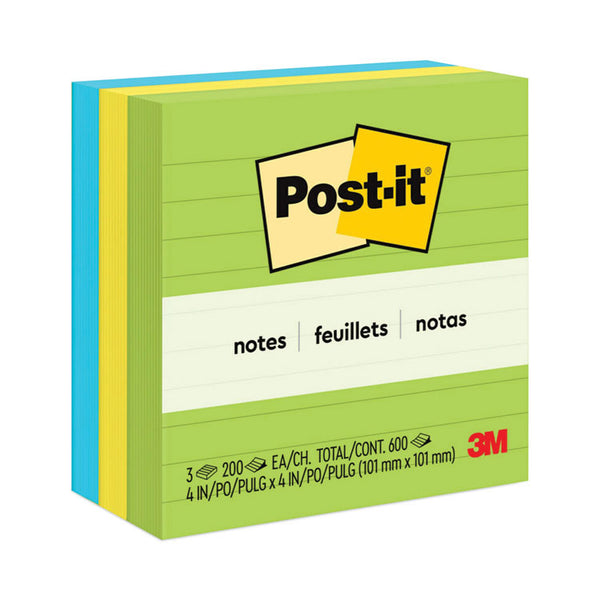 Post-it® Notes Original Pads in Floral Fantasy Collection Colors, Note Ruled, 4" x 4", 200 Sheets/Pad, 3 Pads/Pack (MMM6753AUL)