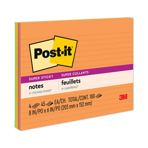 Post-it® Notes Super Sticky Meeting Notes in Energy Boost Collection Colors, Note Ruled, 8" x 6", 45 Sheets/Pad, 4 Pads/Pack (MMM6845SSPL) Pack of 4