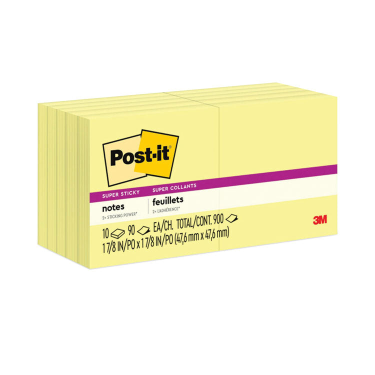 Post-it® Notes Super Sticky Pads in Canary Yellow, 1.88" x 1.88", 90 Sheets/Pad, 10 Pads/Pack (MMM62210SSCY) Pack of 10