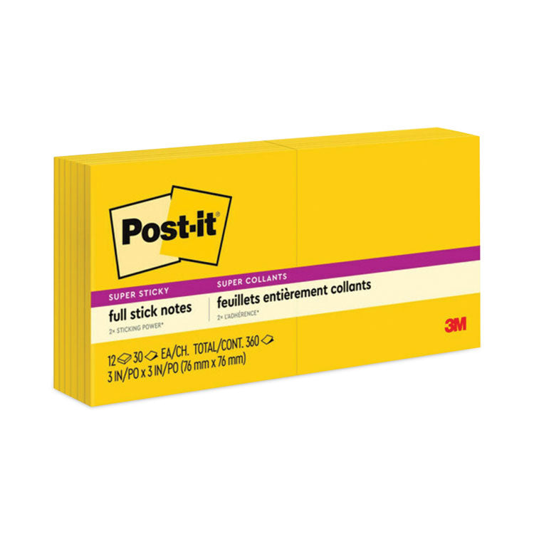 Post-it® Notes Super Sticky Full Stick Notes, 3" x 3", Electric Yellow, 25 Sheets/Pad, 12 Pads/Pack (MMMF33012SSY)