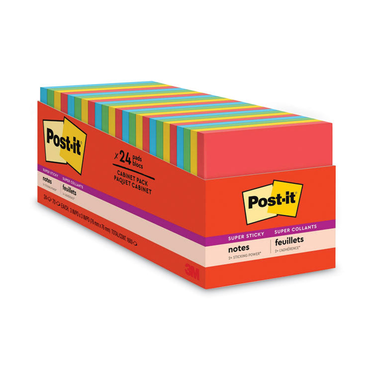 Post-it® Notes Super Sticky Pads in Playful Primary Collection Colors, Cabinet Pack, 3" x 3", 70 Sheets/Pad, 24 Pads/Pack (MMM65424SSANCP) Pack of 24