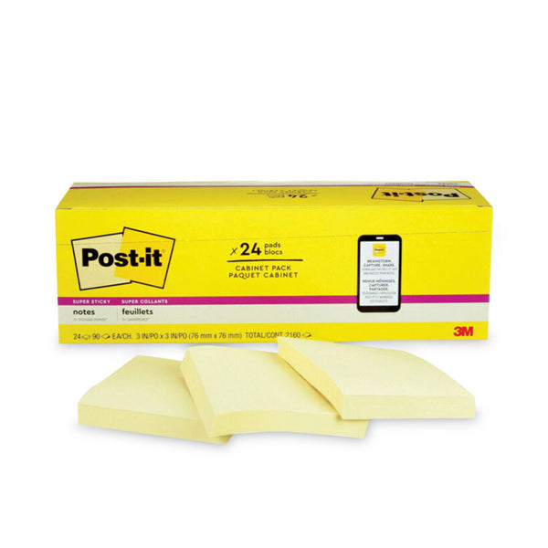 Post-it® Notes Super Sticky Pads in Canary Yellow, Cabinet Pack, 3" x 3", 90 Sheets/Pad, 24 Pads/Pack (MMM65424SSCP)