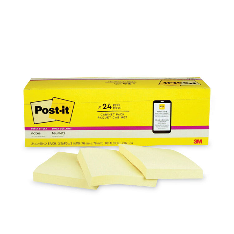 Post-it® Notes Super Sticky Pads in Canary Yellow, Cabinet Pack, 3" x 3", 90 Sheets/Pad, 24 Pads/Pack (MMM65424SSCP)