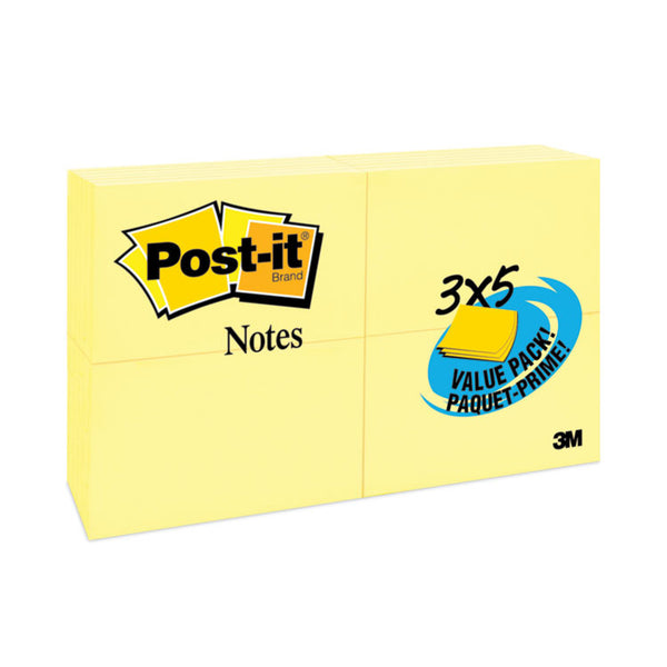 Post-it® Notes Original Pads in Canary Yellow, Value Pack, 3" x 5", 100 Sheets/Pad, 24 Pads/Pack (MMM65524VAD)