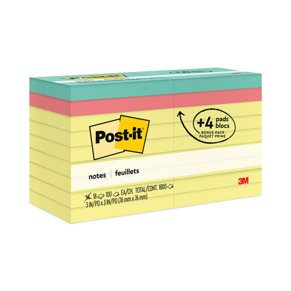 Post-it® Notes Original Pads Assorted Value Pack, 3 x 3, (14) Canary Yellow, (4) Poptimistic Collection Colors, 100 Sheets/Pad, 18 Pads/Pack (MMM654144B) Pack of 18