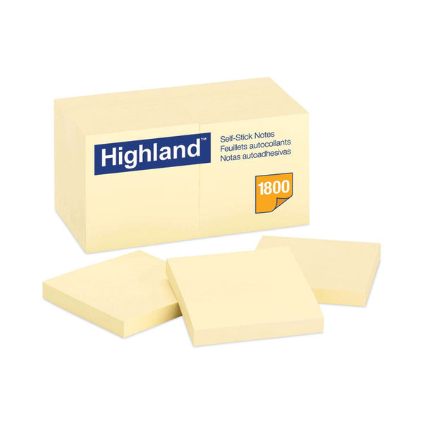 Highland™ Self-Stick Notes, 3" x 3", Yellow, 100 Sheets/Pad, 18 Pads/Pack (MMM654918PK)
