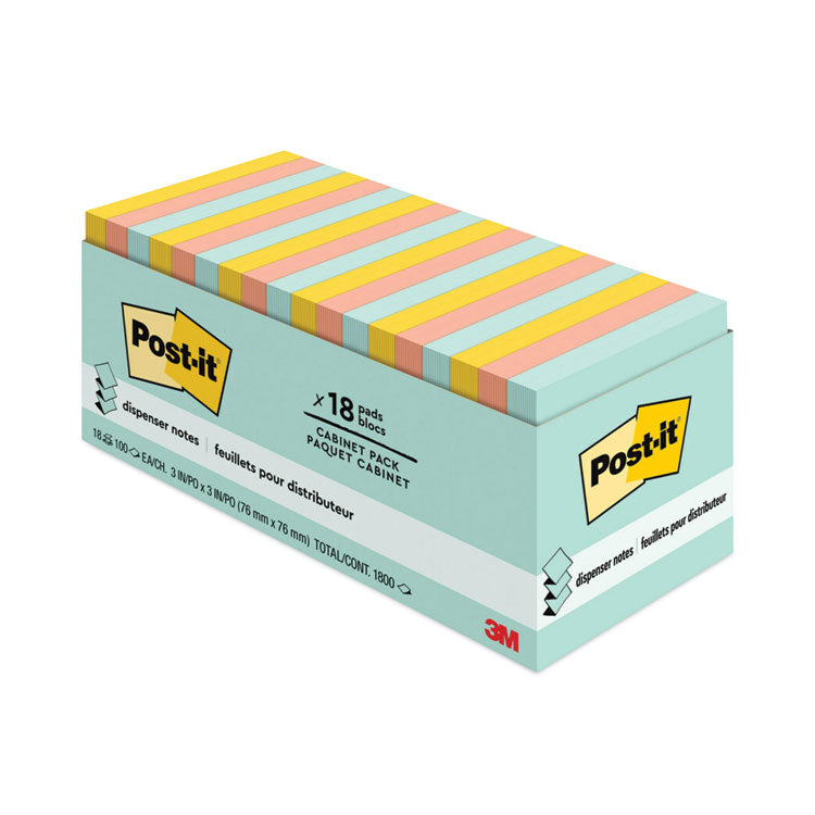 Post-it® Dispenser Notes Original Pop-up Refill Cabinet Pack, 3" x 3", Beachside Cafe Collection Colors, 100 Sheets/Pad, 18 Pads/Pack (MMMR33018APCP) Pack of 8