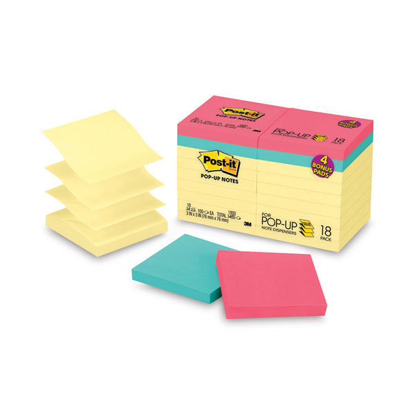 Post-it® Dispenser Notes Original Pop-up Notes Value Pack, 3 x 3, (14) Canary Yellow, (4) Poptimistic Collection Colors, 100 Sheets/Pad, 18 Pads/Pack (MMMR330144B)