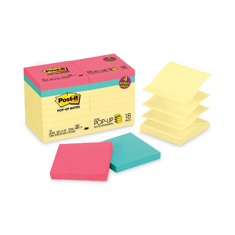 Post-it® Dispenser Notes Original Pop-up Notes Value Pack, 3 x 3, (14) Canary Yellow, (4) Poptimistic Collection Colors, 100 Sheets/Pad, 18 Pads/Pack (MMMR330144B) Pack of 18