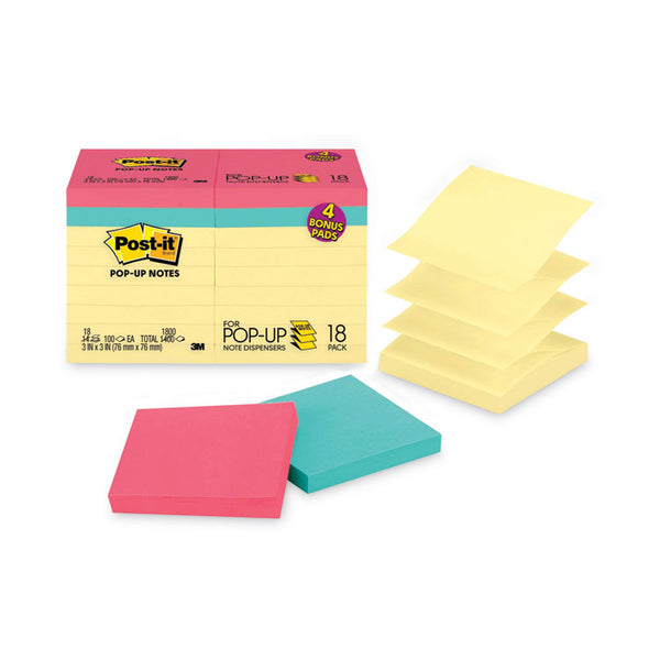 Post-it® Dispenser Notes Original Pop-up Notes Value Pack, 3 x 3, (14) Canary Yellow, (4) Poptimistic Collection Colors, 100 Sheets/Pad, 18 Pads/Pack (MMMR330144B)