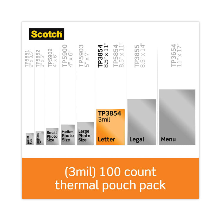Scotch™ Laminating Pouches, 3 mil, 9" x 11.5", Gloss Clear, 100/Pack (MMMTP3854100)