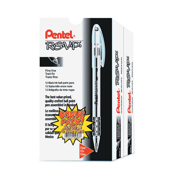 Pentel® R.S.V.P. Ballpoint Pen Value Pack, Stick, Fine 0.7 mm, Black Ink, Clear/Black Barrel, 24/Pack (PENBK90ASW2)
