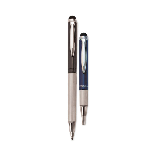 Zebra® StylusPen Telescopic Ballpoint Pen/Stylus, Retractable, Medium 1 mm, Black Ink, Blue/Gray Barrel, 2/Pack (ZEB33602)