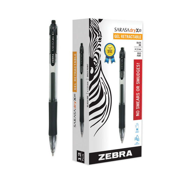 Zebra® Sarasa Dry Gel X20 Gel Pen, Retractable, Bold 1 mm, Black Ink, Clear/Black Barrel, 12/Pack (ZEB46610) Each