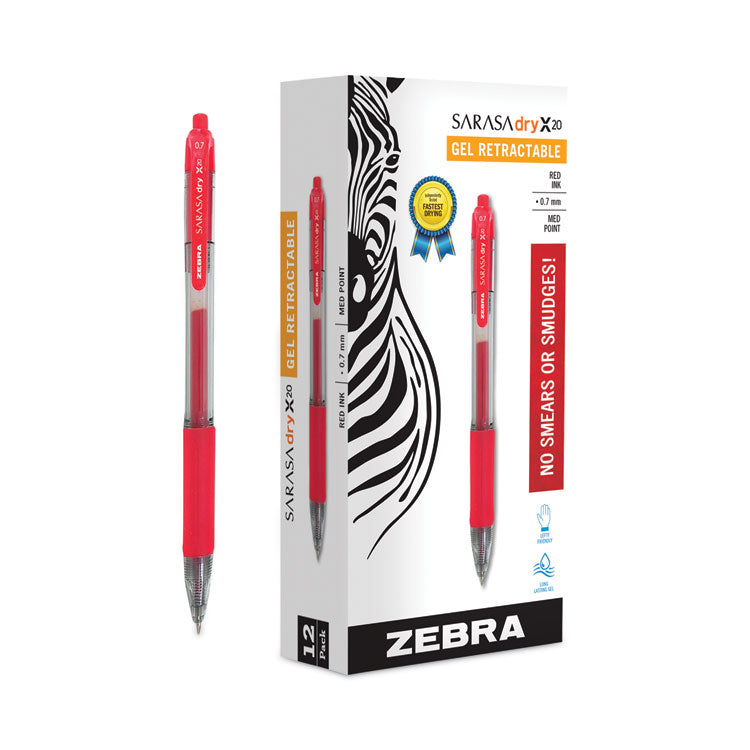 Zebra® Sarasa Dry Gel X20 Gel Pen, Retractable, Medium 0.7 mm, Red Ink, Clear/Red Barrel, 12/Pack (ZEB46830) Pack of 12