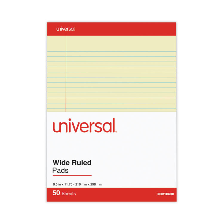 Universal® Perforated Ruled Writing Pads, Wide/Legal Rule, Red Headband, 50 Canary-Yellow 8.5 x 11.75 Sheets, Dozen (UNV10630)