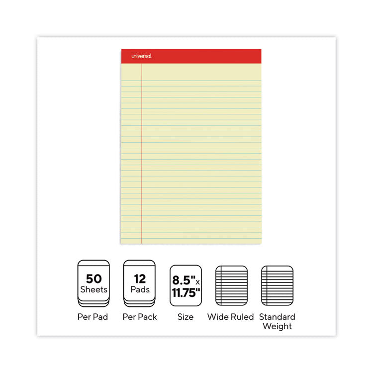 Universal® Perforated Ruled Writing Pads, Wide/Legal Rule, Red Headband, 50 Canary-Yellow 8.5 x 11.75 Sheets, Dozen (UNV10630)